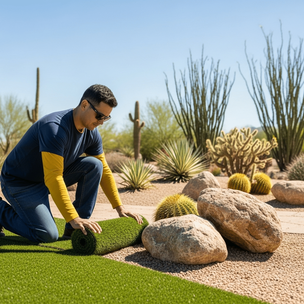 A man wearing sunglasses installs artificial grass next to rocks and desert plants in a landscaped yard with cacti and clear skies.