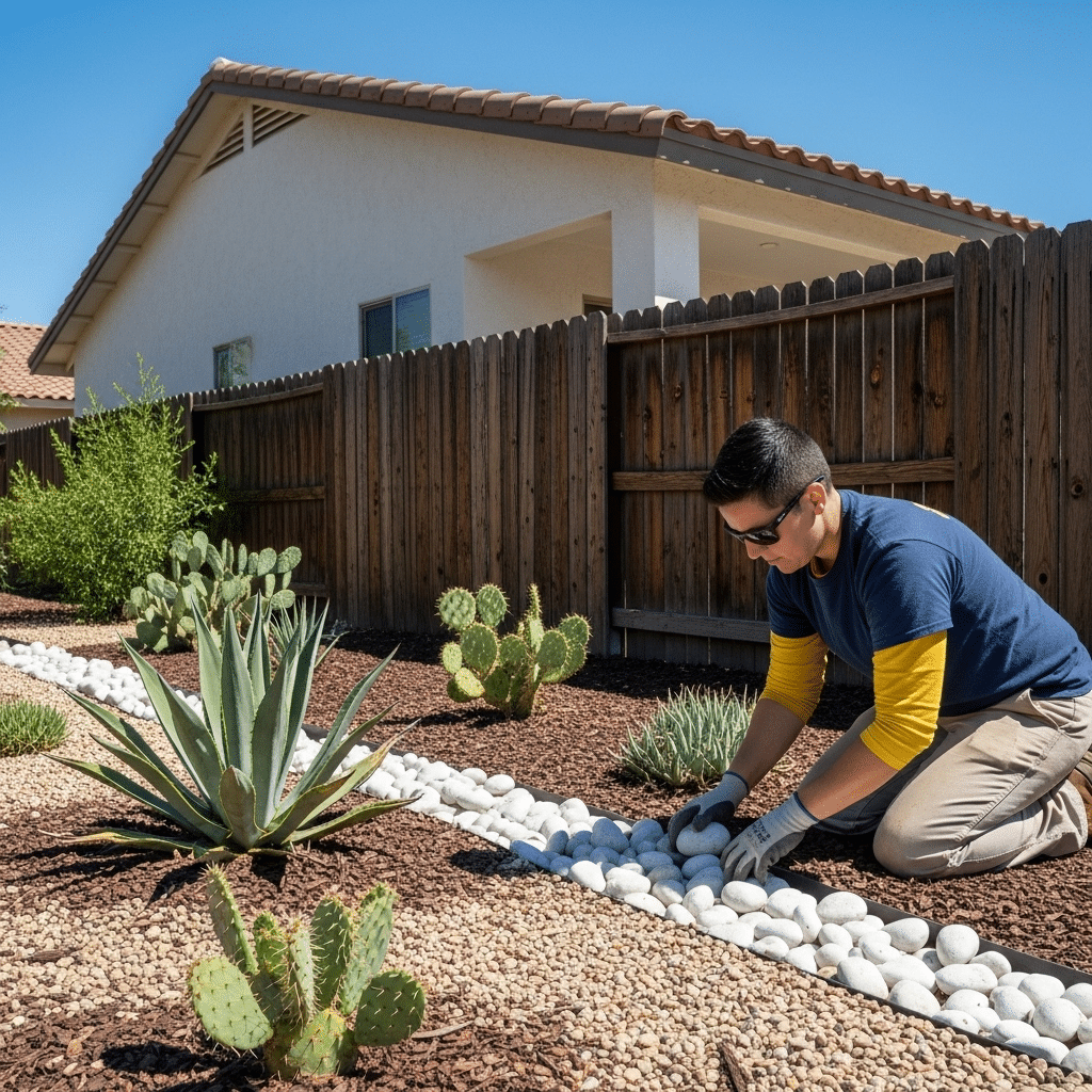 A person arranges white decorative rocks in a landscaped yard with various cacti and succulents beside a wooden fence and a house.