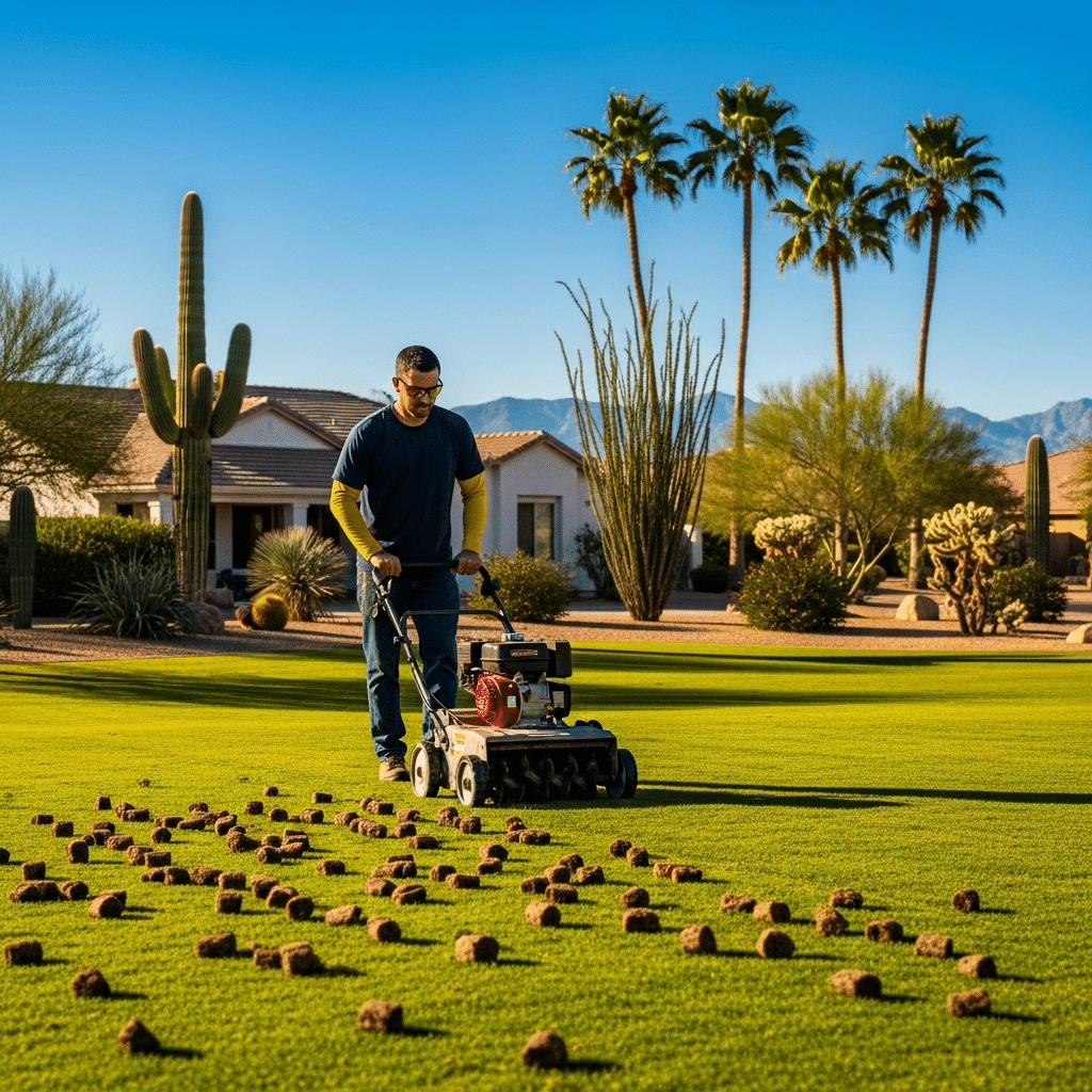 A man uses a lawn aerator on a grass yard, leaving soil plugs behind, with desert plants and houses visible in the background.