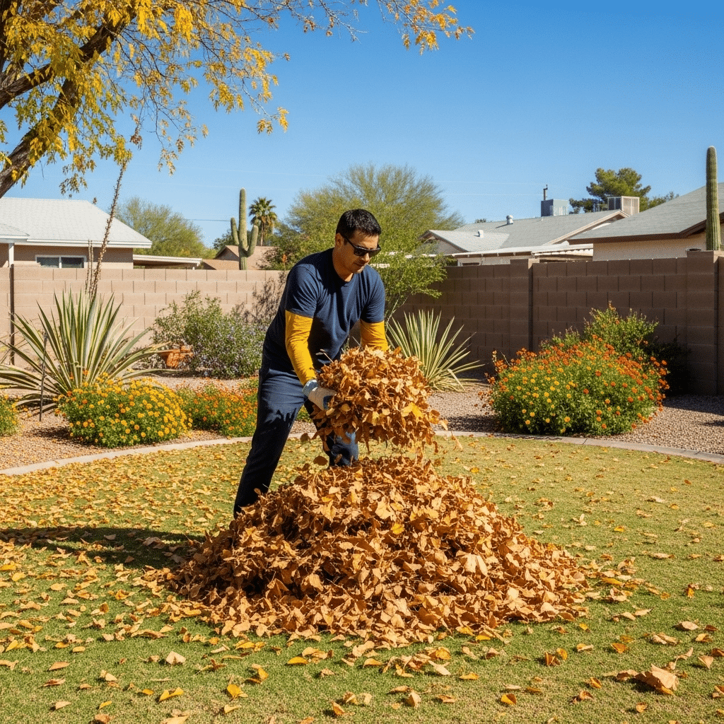 A man rakes a pile of fallen leaves on a lawn in a suburban backyard with desert plants and a brick wall in the background.