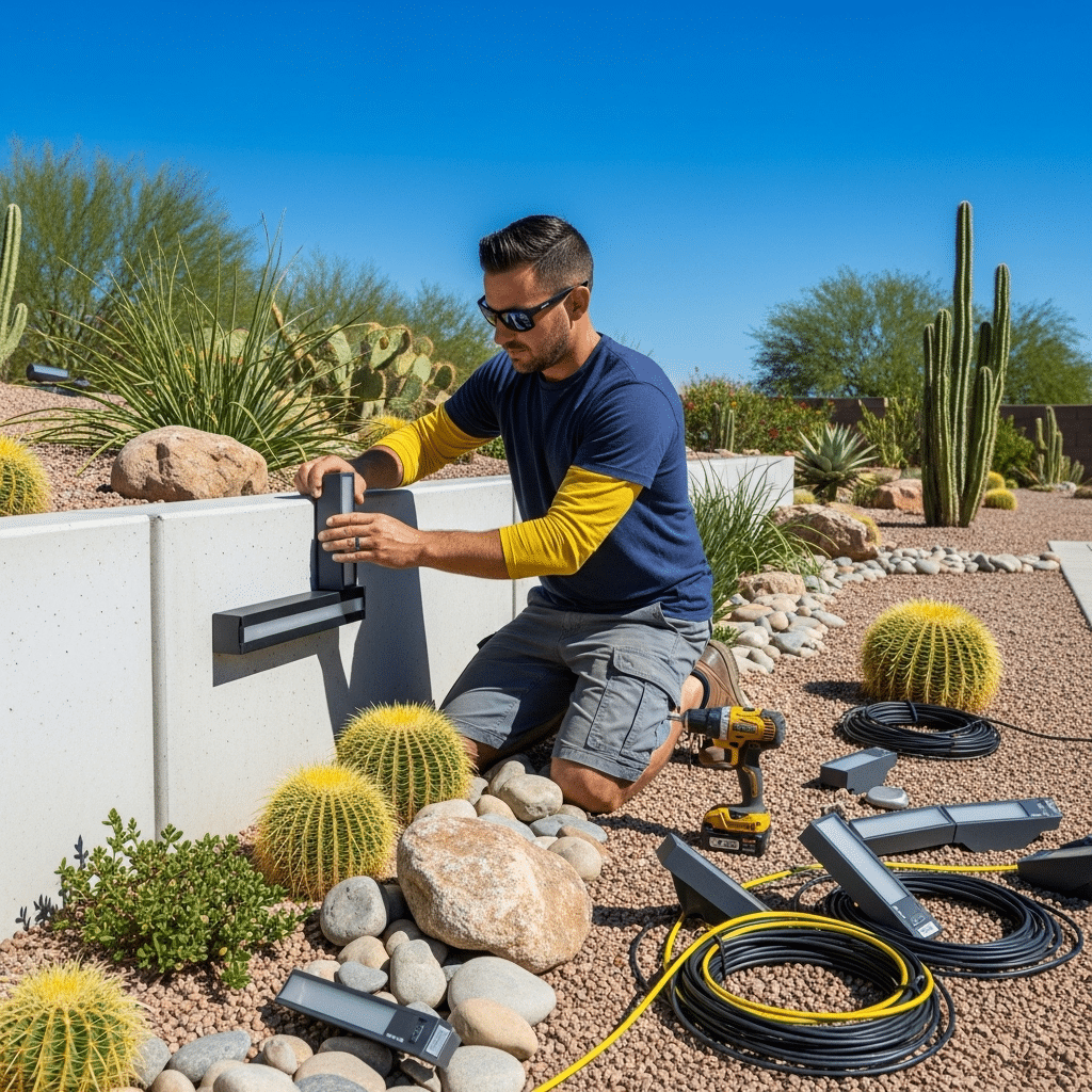 A man kneeling in a desert-style yard installs rectangular lights on a low concrete wall, using tools and surrounded by cacti, rocks, cabling, and a drill.