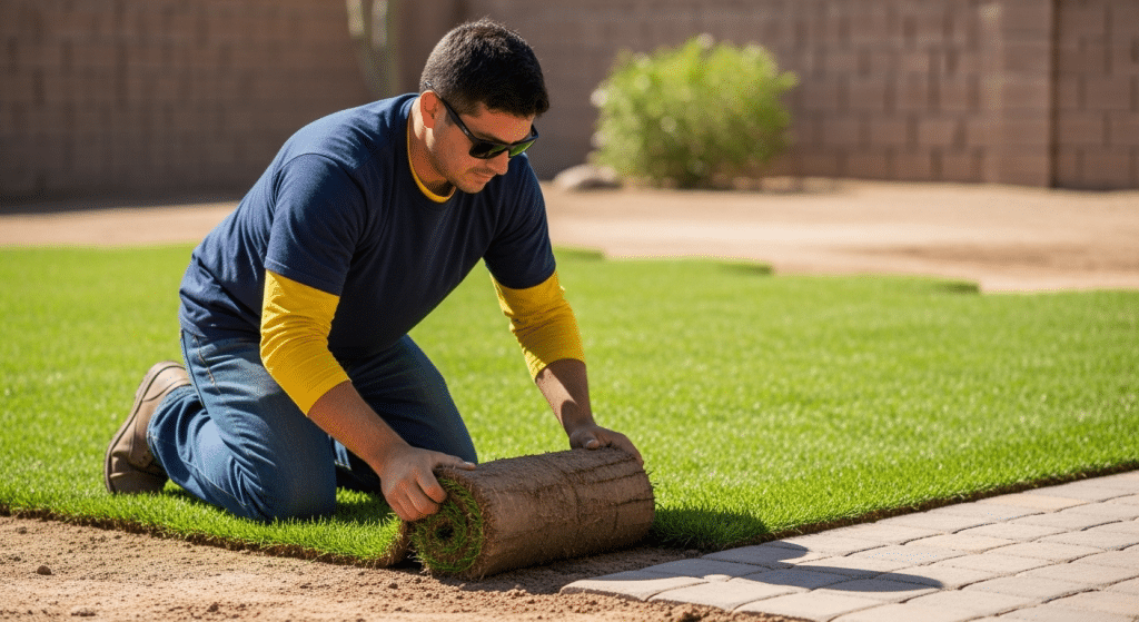 A man wearing sunglasses installs sod in a backyard, kneeling on the ground and unrolling a section of grass next to a paved patio area.