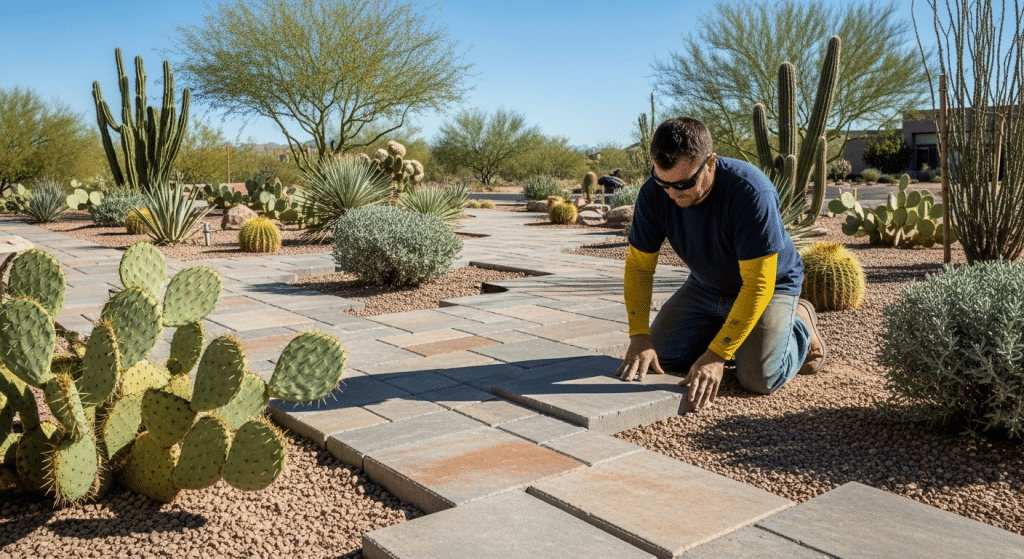 A man installs stone pavers in a desert garden landscaped with cacti, shrubs, and gravel under a clear sky.