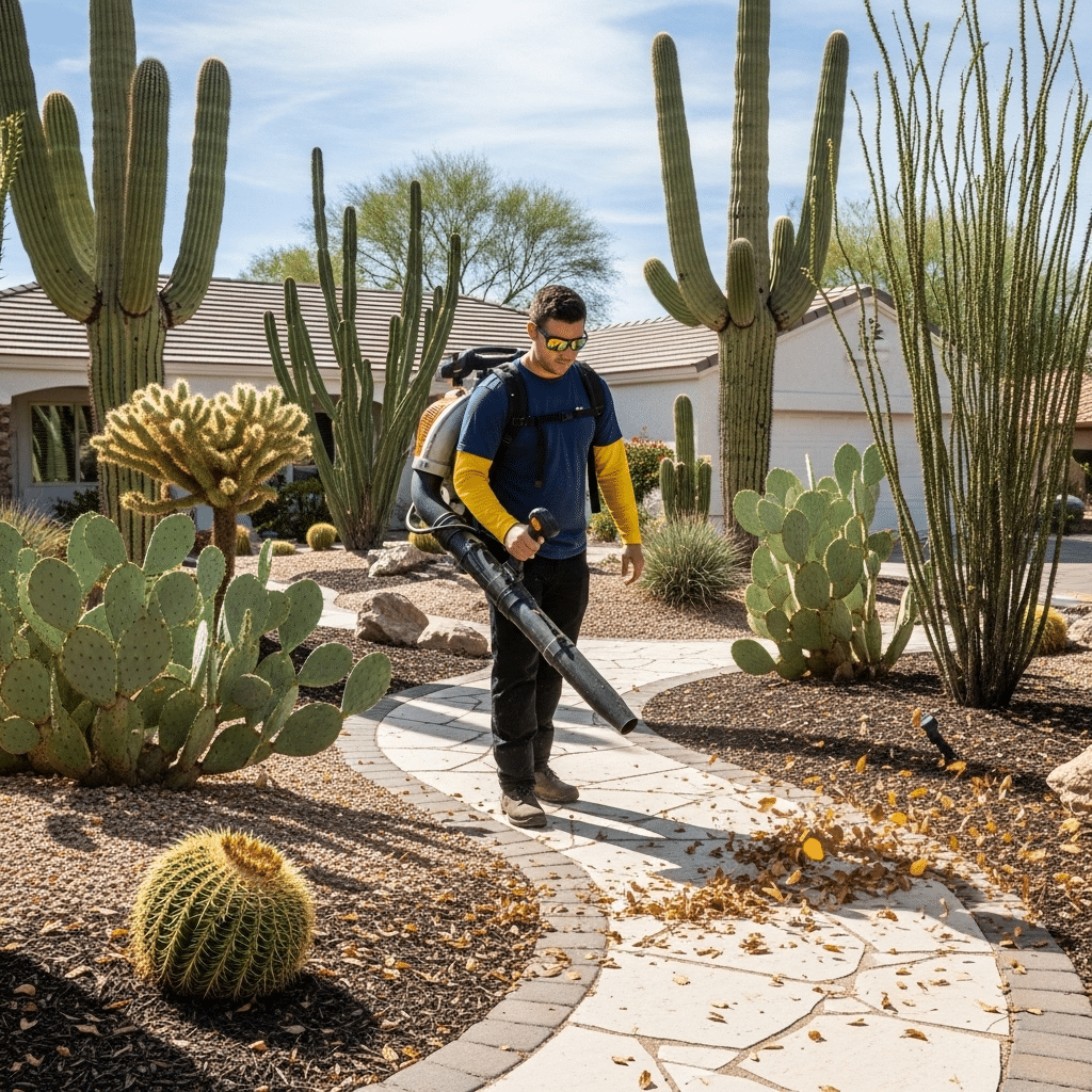 A man uses a backpack leaf blower to clear leaves from a stone pathway in a desert-style yard with various cacti.