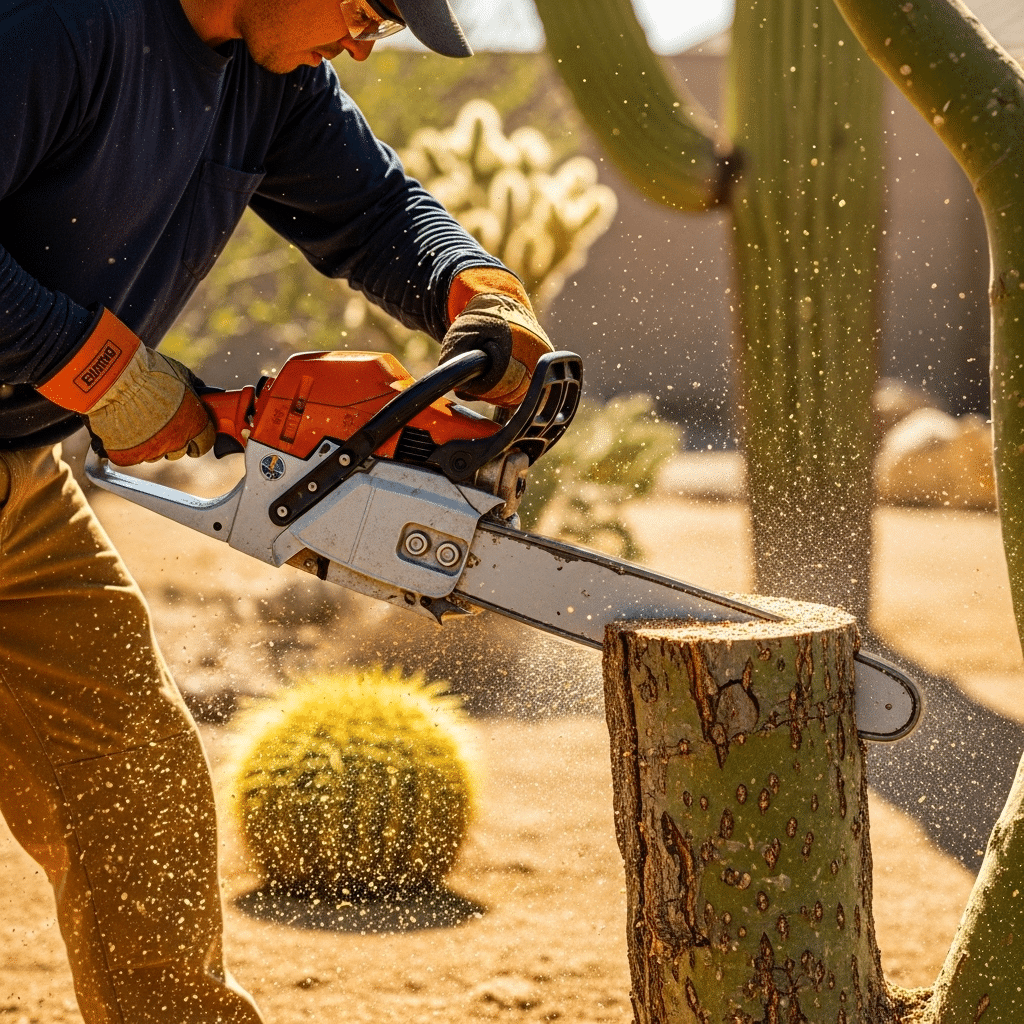 A person uses a chainsaw to cut a cactus trunk in a desert landscape, with sawdust flying and other cacti visible in the background.