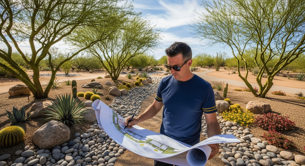 A man reviews landscape design plans in a desert garden with cacti, rocks, and drought-tolerant plants under a sunny sky.