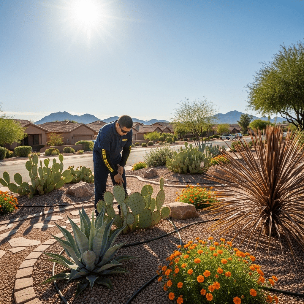 A man in a blue tracksuit tends to a desert garden with cacti and succulents under a bright sun in a suburban neighborhood.