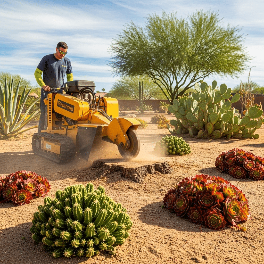 A man operates a stump grinder to remove a tree stump in a desert garden with cacti, succulents, and sandy soil under a clear sky.