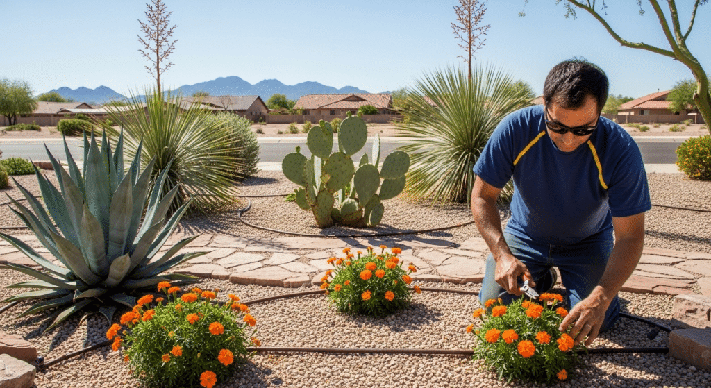 A man wearing sunglasses trims orange marigold flowers in a desert-style yard with cacti and gravel landscaping on a sunny day.