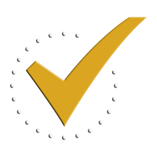 A large yellow check mark is centered within a dotted circular outline on a light gray background.