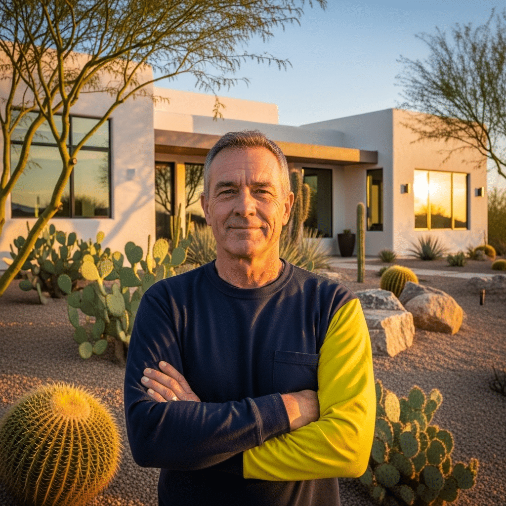 A man standing in front of a house with cactus.